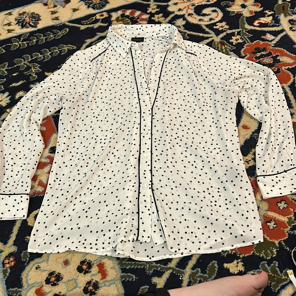 Who What Wear Black and White Polka Dot Sheer Button Down Top
